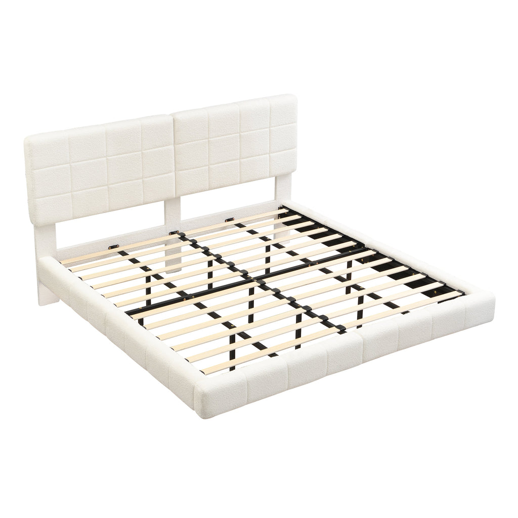 White Boucle Floating Bed with Light, King