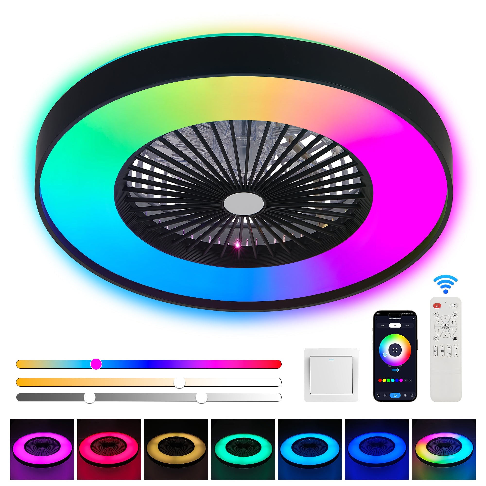 23-Inch Black and White Ceiling Fan Light with LED RGB