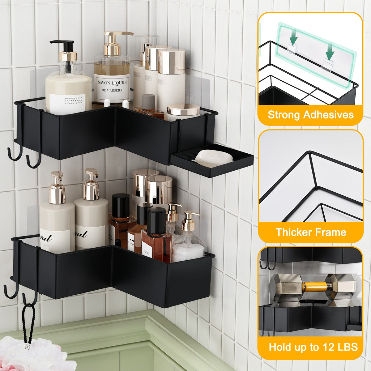 2-Pack Drill-Free Adhesive Corner Shower Caddy Organizer