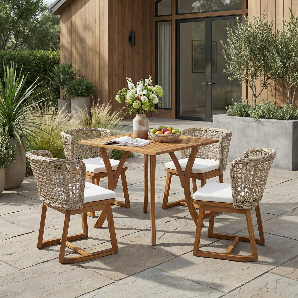 5-Piece Outdoor Dining Set, Acacia Wood Table & Wicker Back Chairs