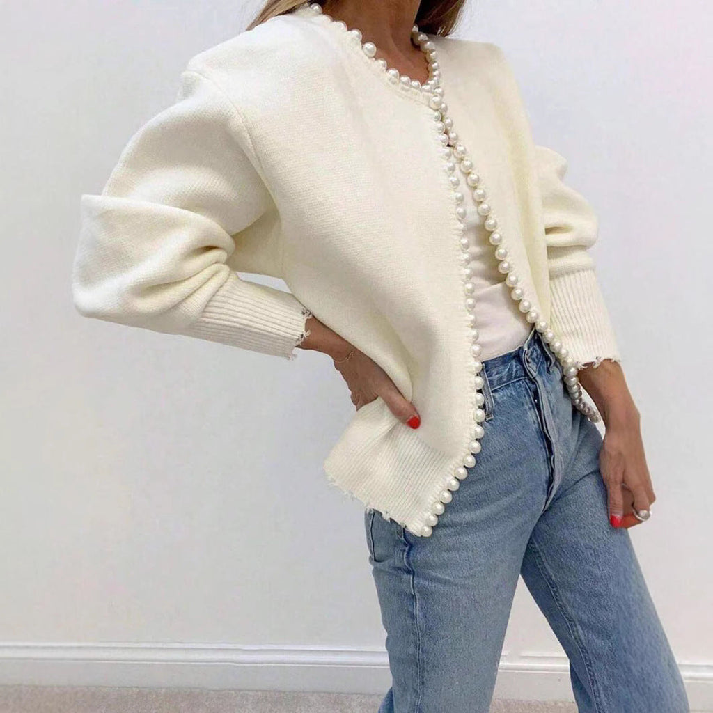 Cross-border European And American 2026 Round Neck Pearl Trim Knit Sweater Short Long Sleeve Heavy Craft Cardigan Fashion Coat For Women