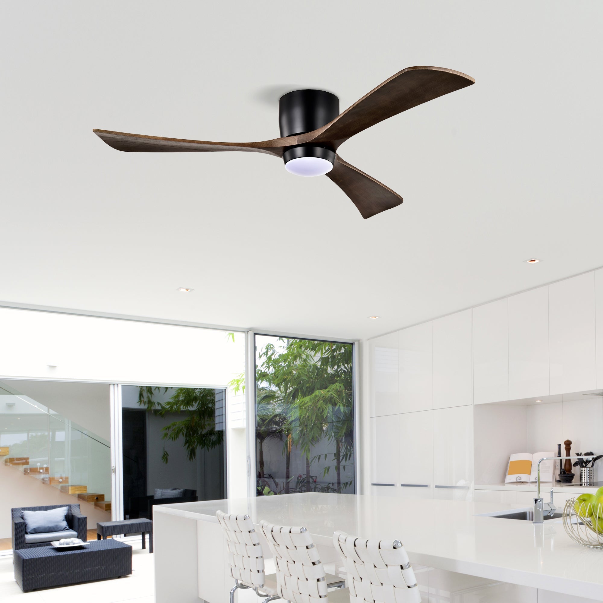 52" Flush Mount Solid Wood Blades Ceiling Fan with Lights