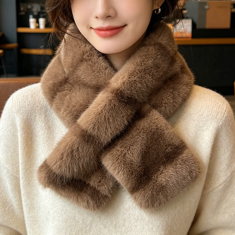 Striped Color Contrast Soft Plush Cross-hole Scarf With Retro And Sophisticated Style, Suitable For Autumn And Winter Commuting And Traveling Outfits.