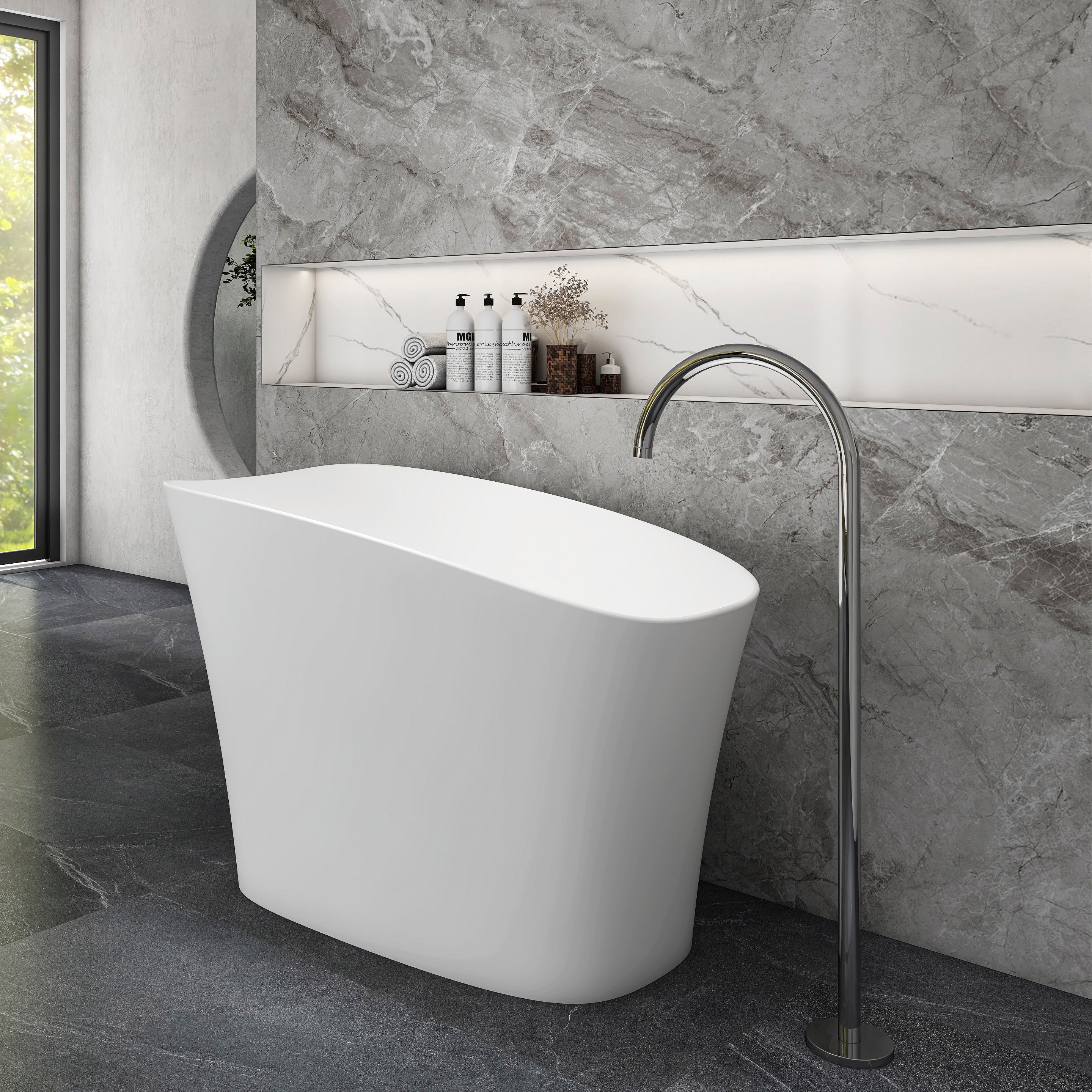 51-Inch Freestanding Solid Surface Deep Soaking Bathtub with Seat