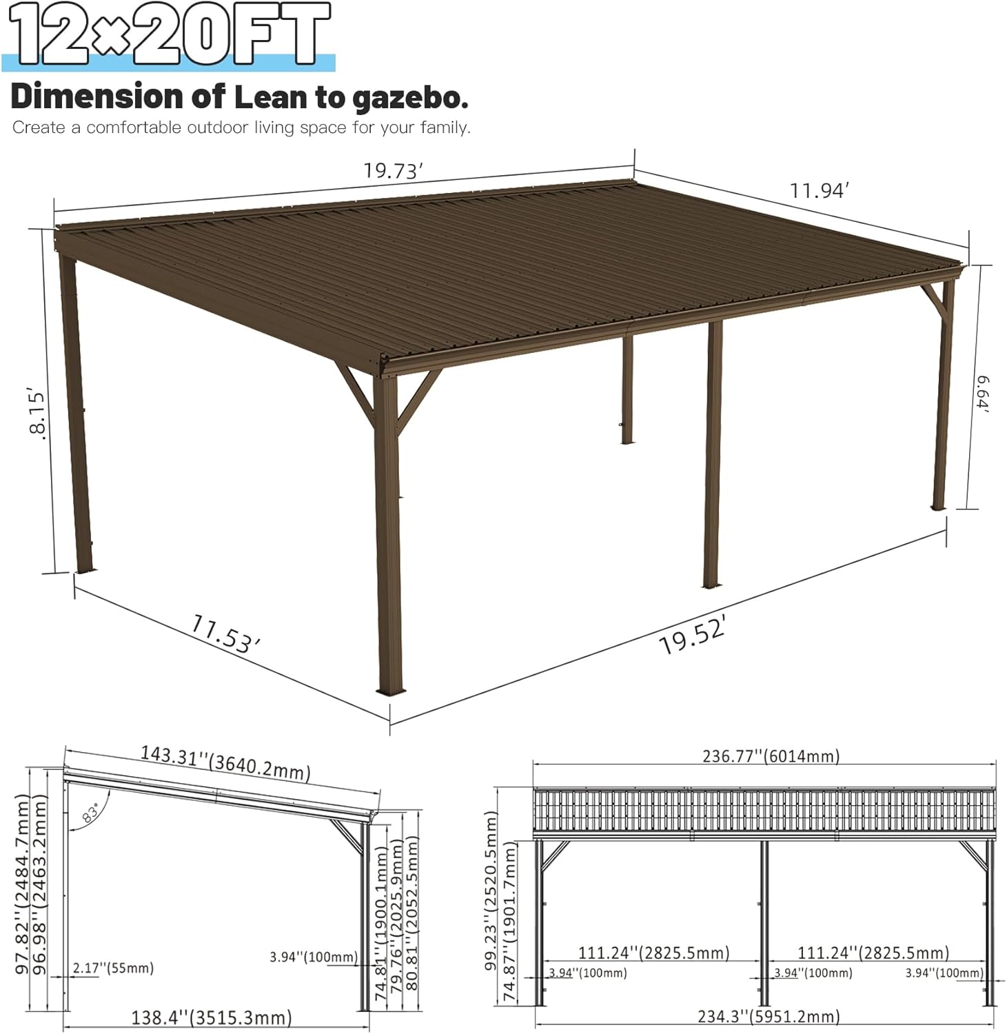 12x20FT Lean To Gazebo