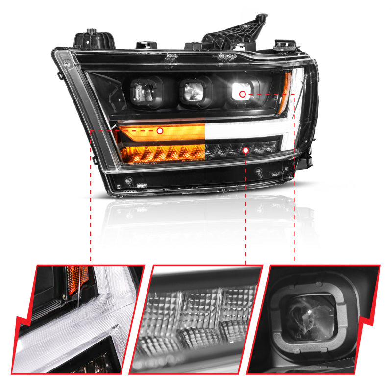 ANZO 19-24 RAM 1500 (New Body/OE Halogen) Full LED Proj Headlights DRL/SeqSig Black - Pass. Side 111628A-R
