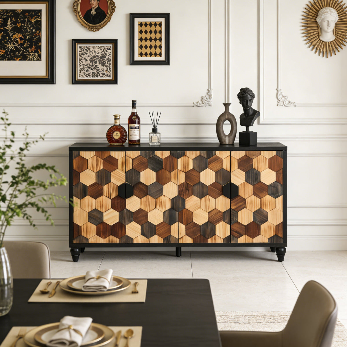 Distressed Storage Cabinet with Honeycomb Pattern