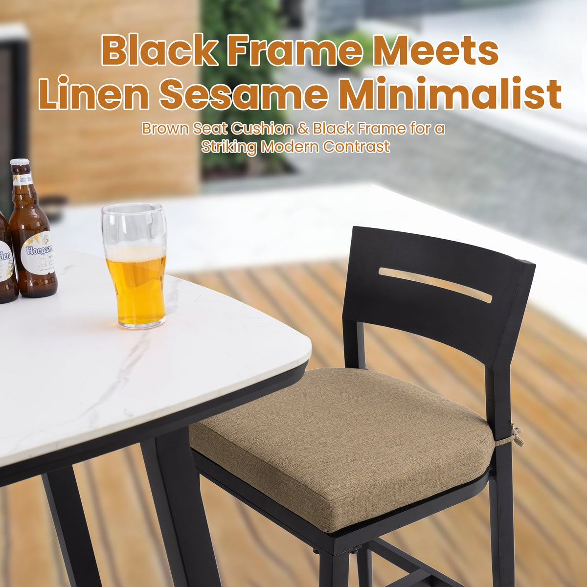 Modern 5PC Outdoor Patio Bar Set, Rounded Square 35.4'' Sintered Stone Table & 4 Aluminum Bar Stools