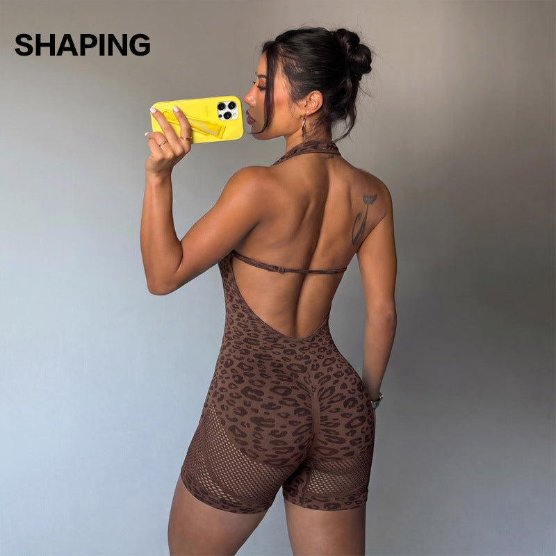 New Cross-border Product Leopard Print One-piece Yoga Outfit For Women, Halter Neck, Backless, Butt-lifting Shorts, Integrated Sports And Fitness Jumpsuit