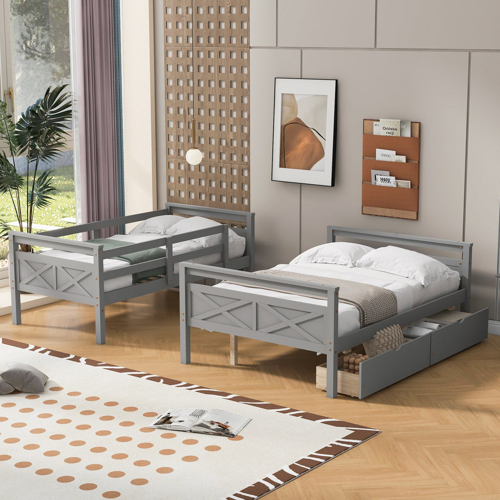 Twin Over Full Bunk Bed with Ladder, Two Storage Drawers, Safety Guardrail