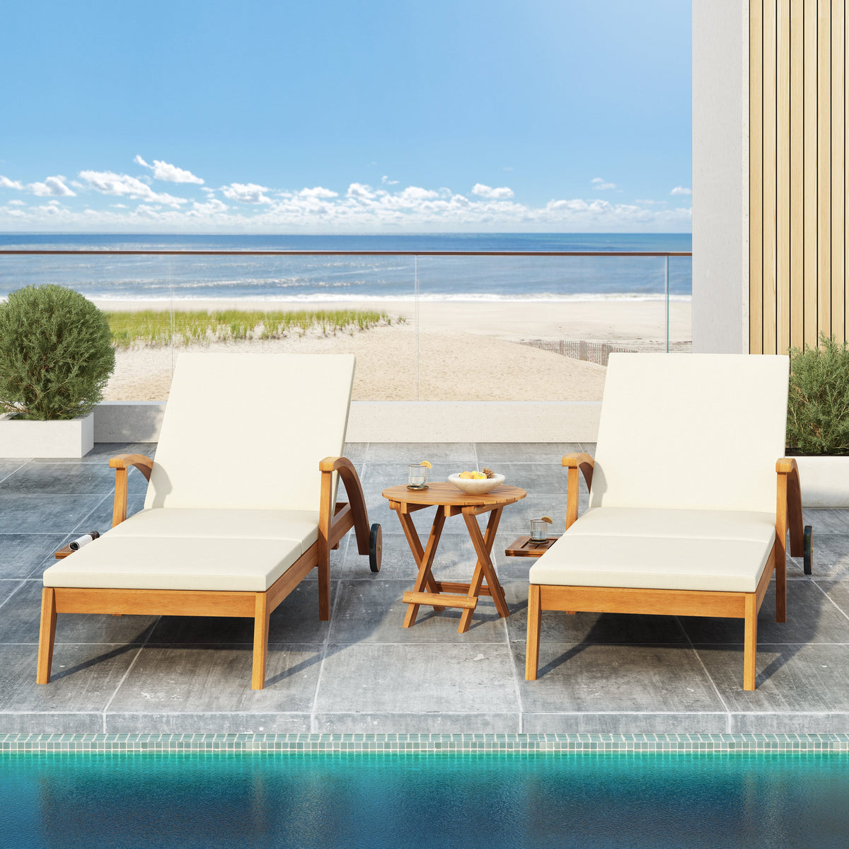 Chaise Lounge With Wheel - Acacia Wood Recliner for Patio