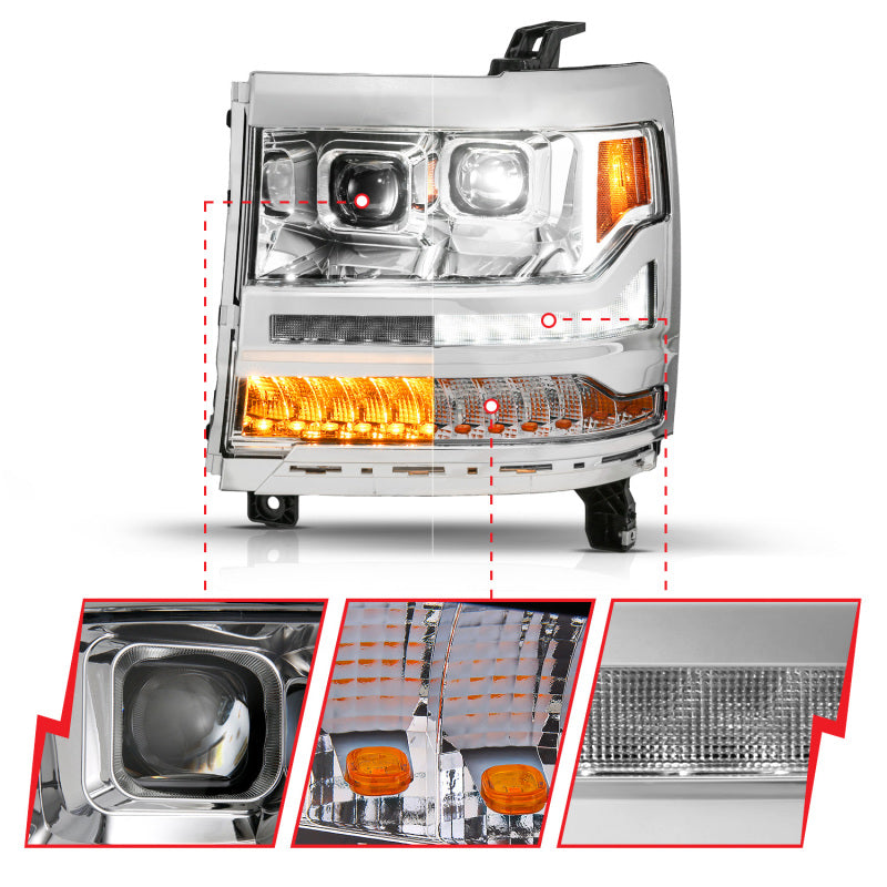ANZO 16-18 Chevy Silverado 1500 (Factory HID Models ONLY) Full LED Proj Headlights Chrome - Pair 111623A