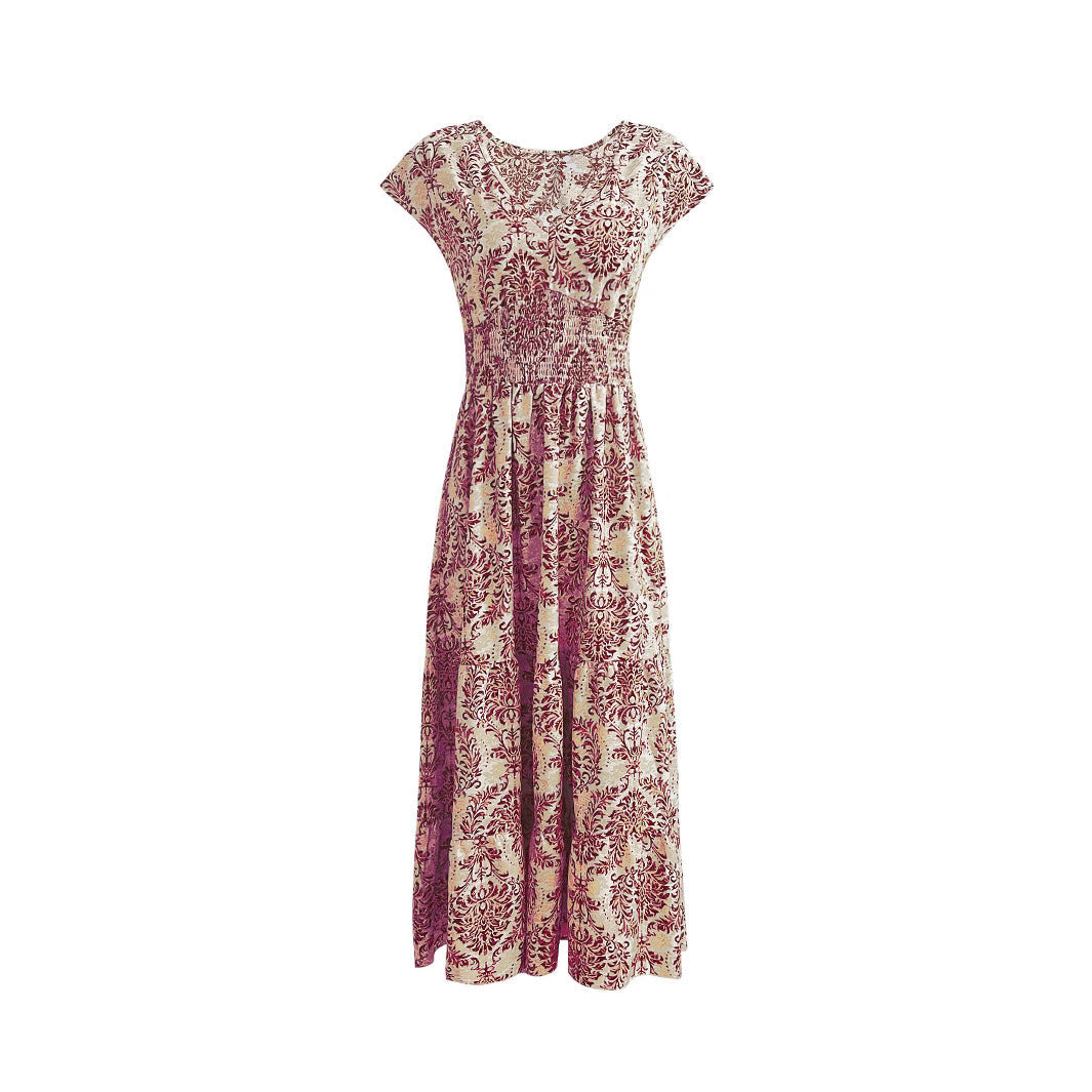 2026 Amazon Cross-Border Export Retro Printed Dress Fashionable And Elegant V Neck Short-Sleeved Dress Women's Dress