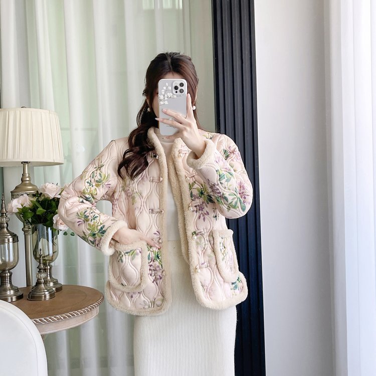 Womens Retro Frog-Button Floral Velvet-Lined Warm Cotton Padded Coat