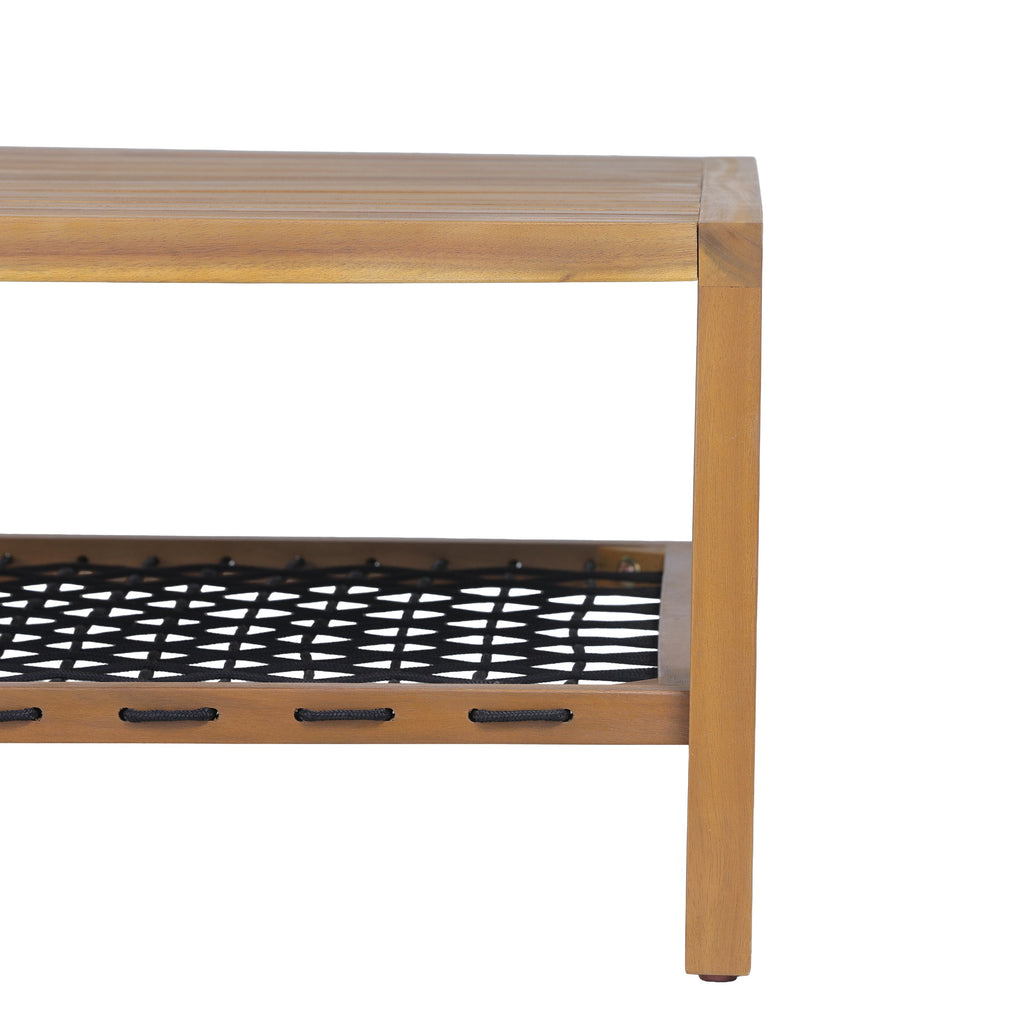 Outdoor Acacia Wood Coffee Table with Woven Rope Storage Shelf