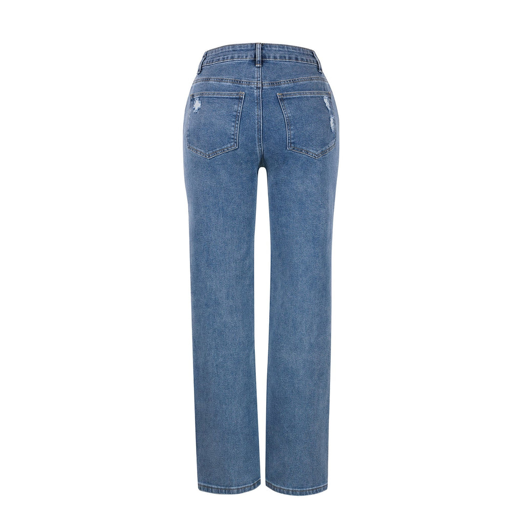 Women's Loose-fit Straight-leg Ripped High-elastic Jeans