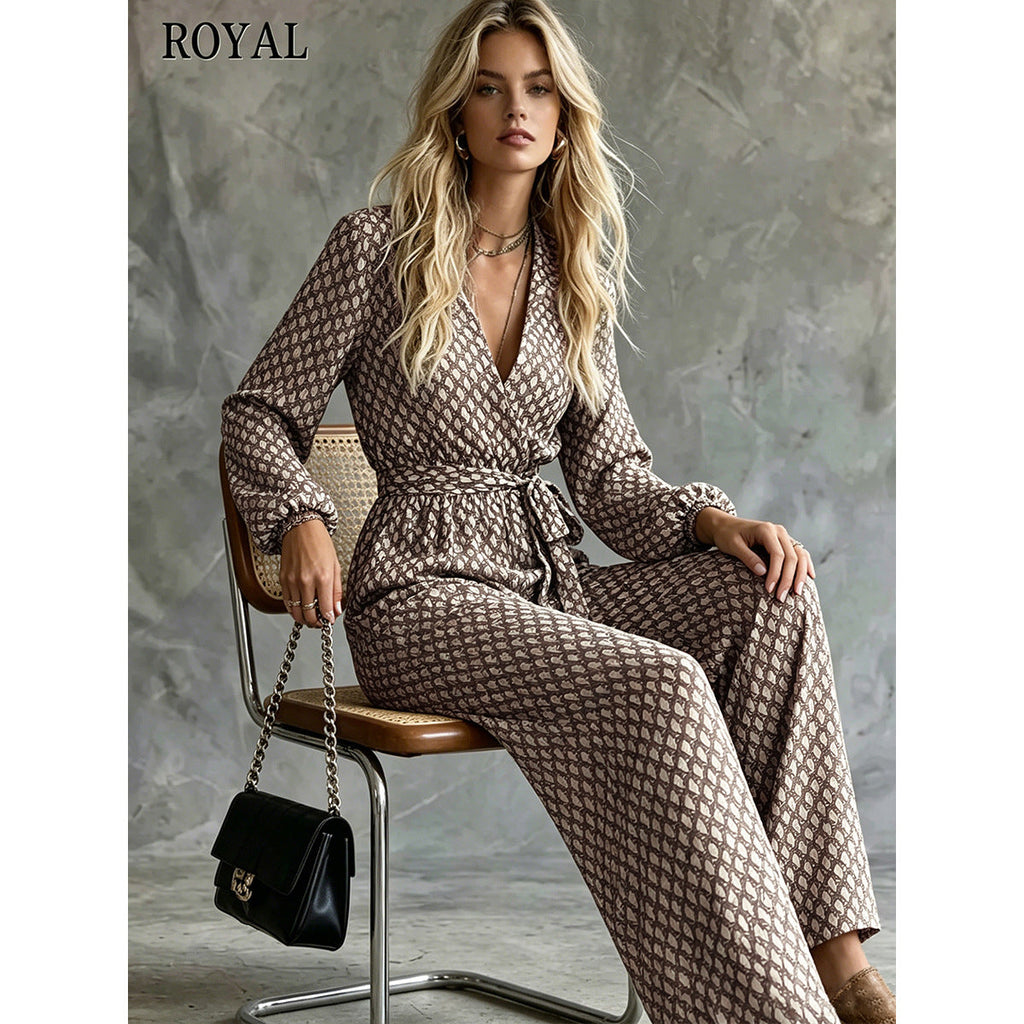 Womens Casual Belted V-neck One-piece Jumpsuit With A Fitted Waist