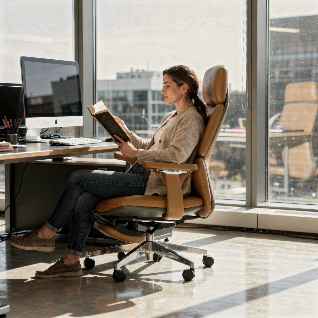 Genuine Leather Office Chair with Flexible Footrest