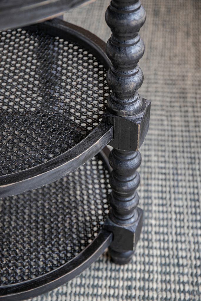 Round Three Tiered Side Table with Rattan Shelf