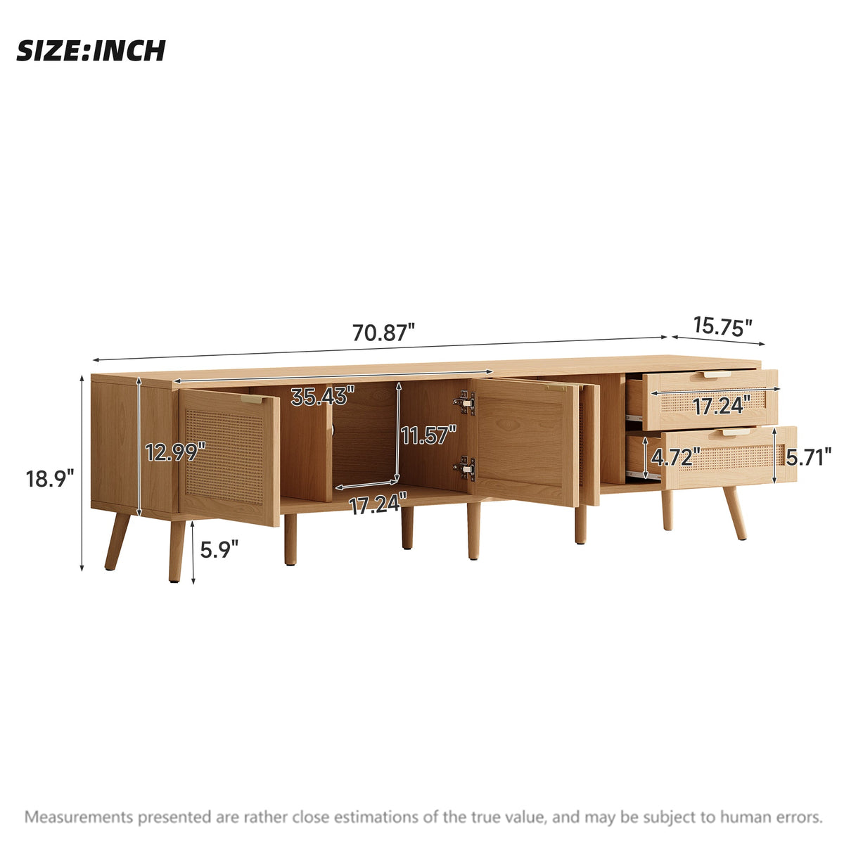 70 Inch Modern TV Stand with Rattan Doors for TVs up to 80"