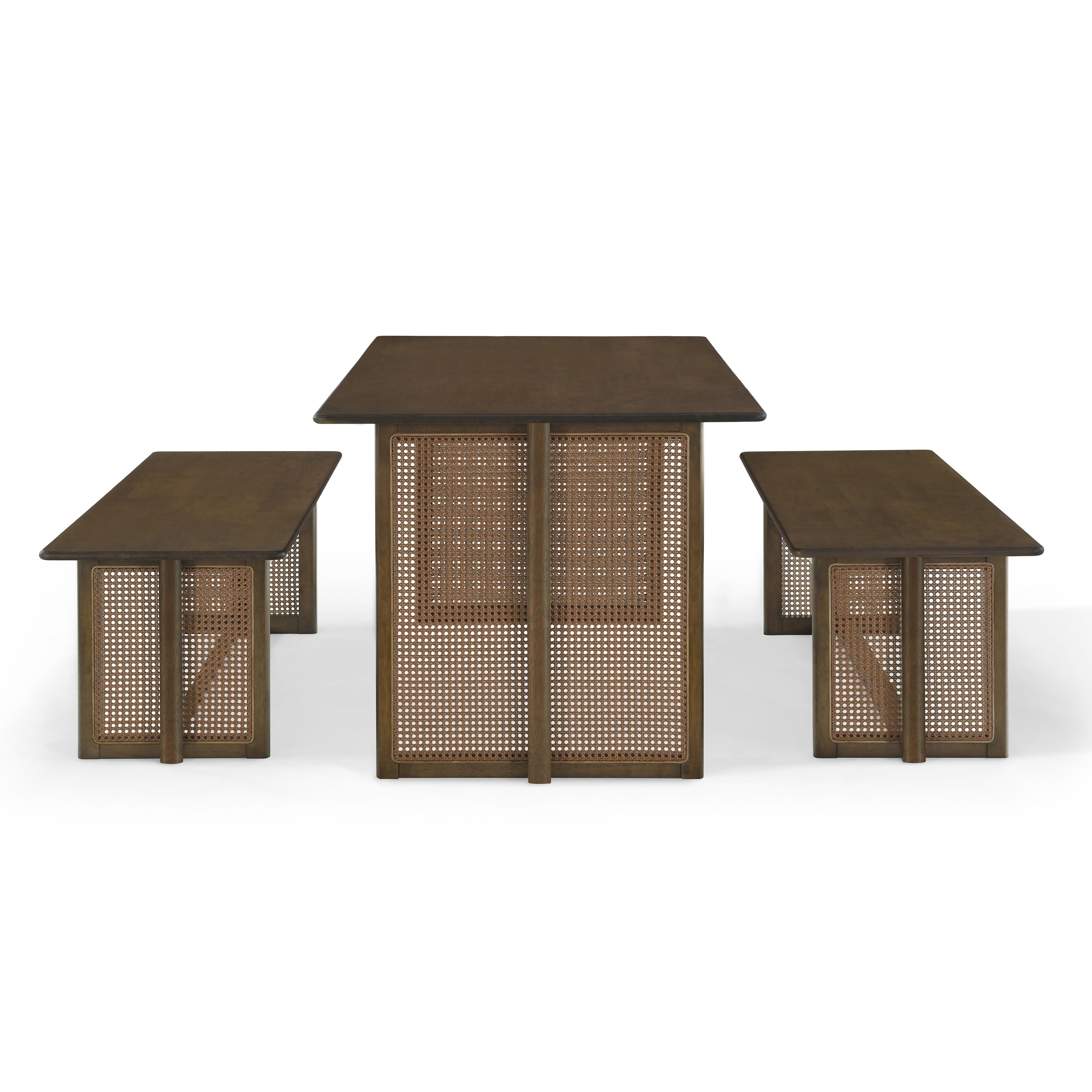 Walnut-Colored Rubber Wood Dining Set with Plastic Rattan – 1 Table + 2 Benches