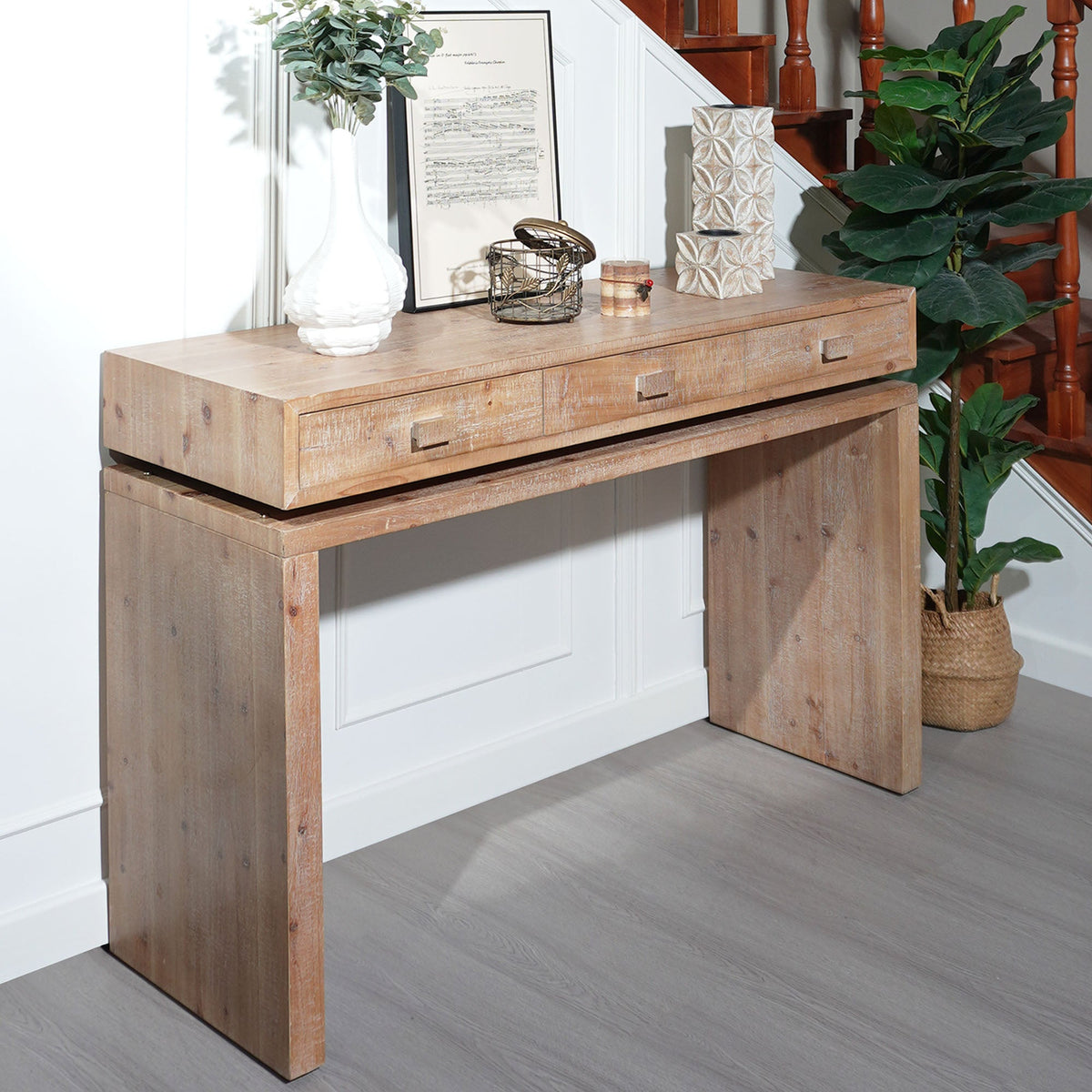 Rustic Wooden Console Table with 3 Drawers