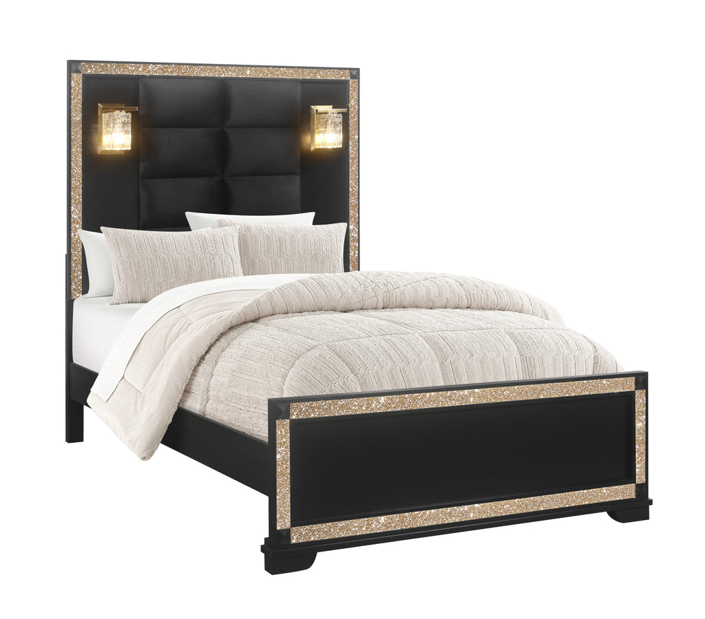 Lively Black/Gold Full Bed With Lamps