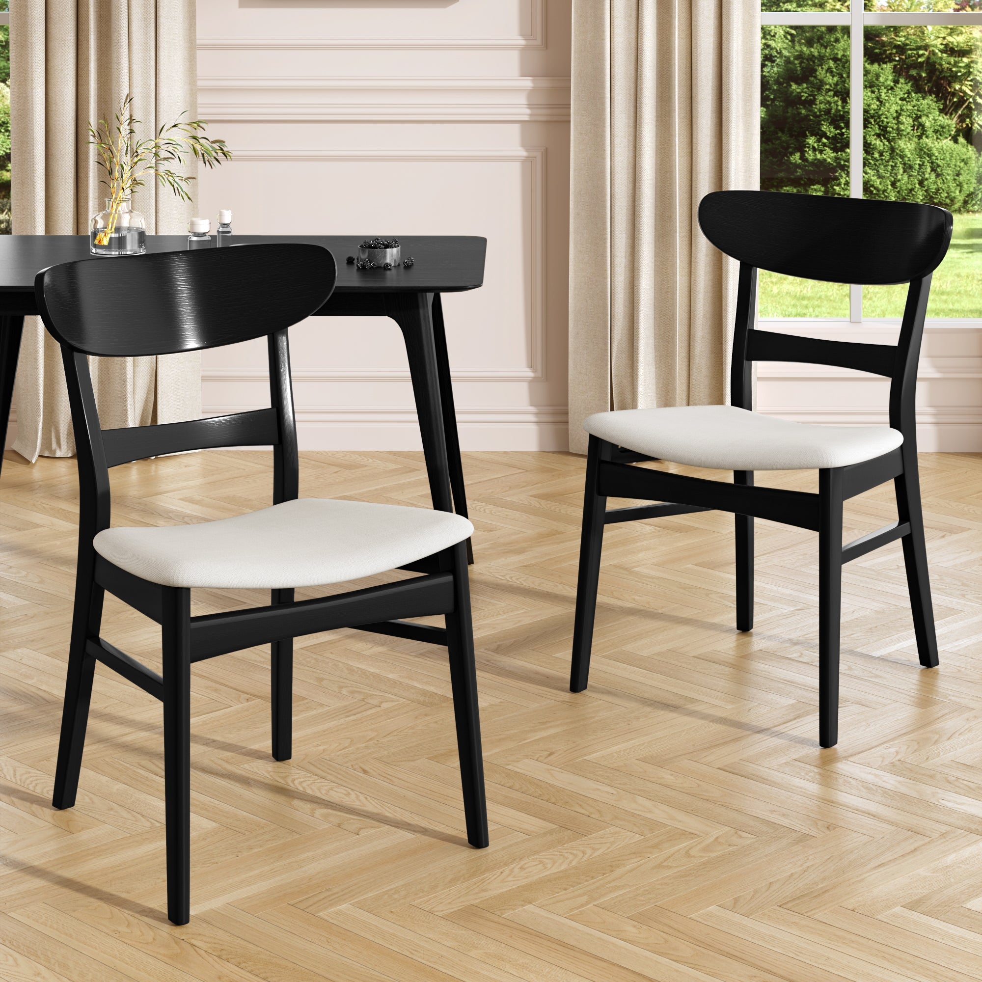 Set of 2 Dining Chairs - Upholstered Seat, Rubberwood Legs