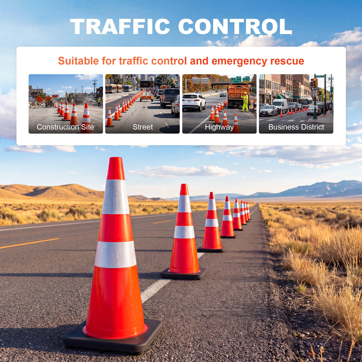 36" Heavy-Duty Traffic Cones with Reflective Collars - 4 Pack