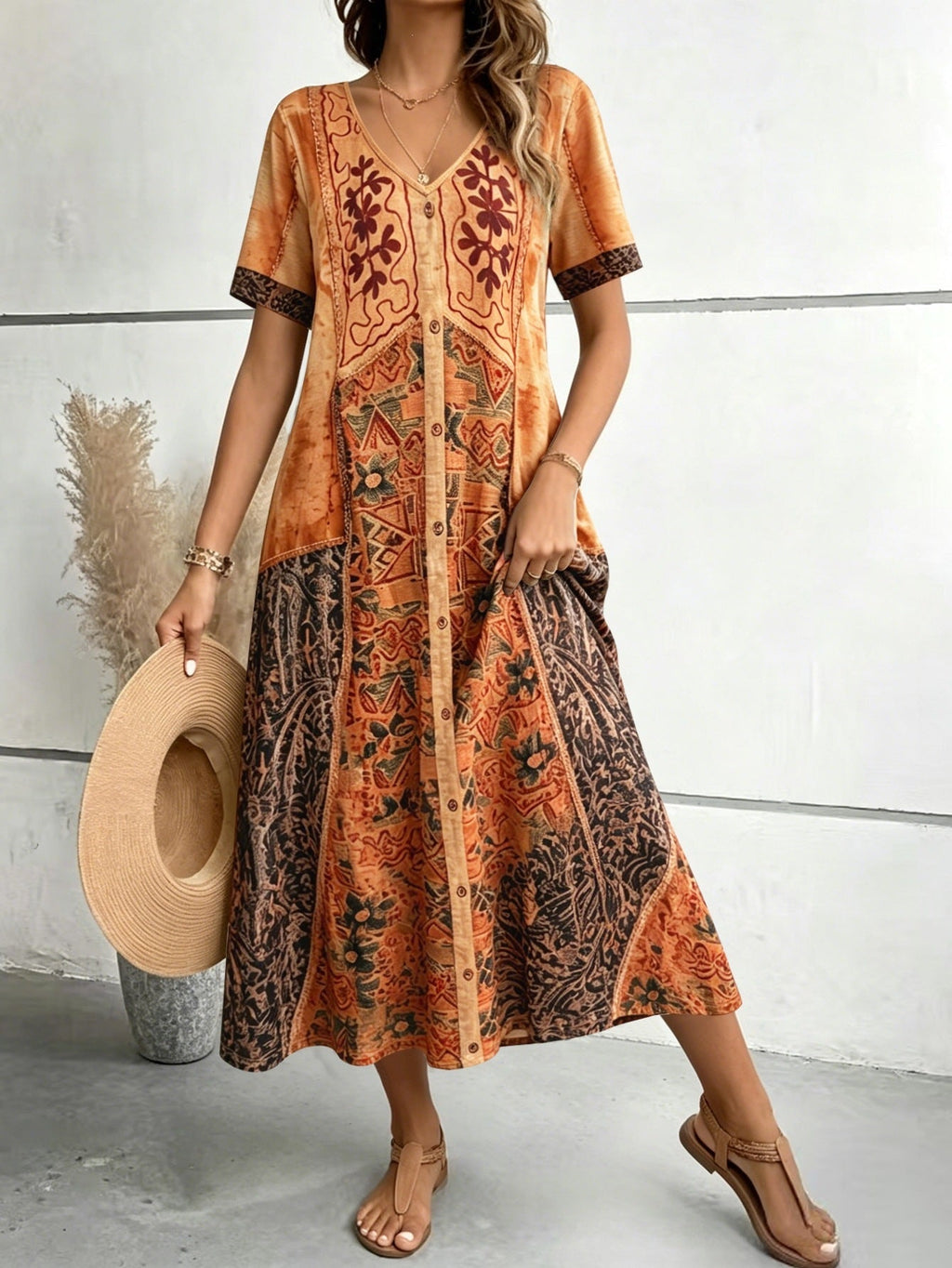 EBay Cross-border European And American Foreign Trade Summer Bohemian Patchwork Printed Dress V-neck Single-breasted A-line Midi Dress