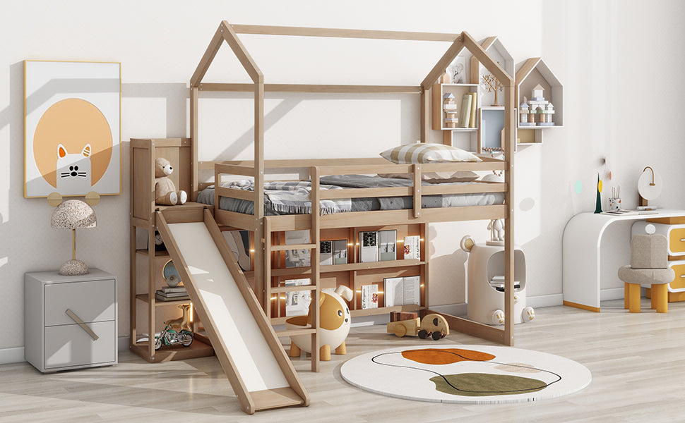 Twin Size Wood House Loft Bed with Slide, Storage Shelves and Light