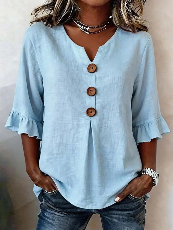 2026 Summer Women's V Neck Cotton Linen Button Up Shirt Solid Color Button Design  Short Sleeve