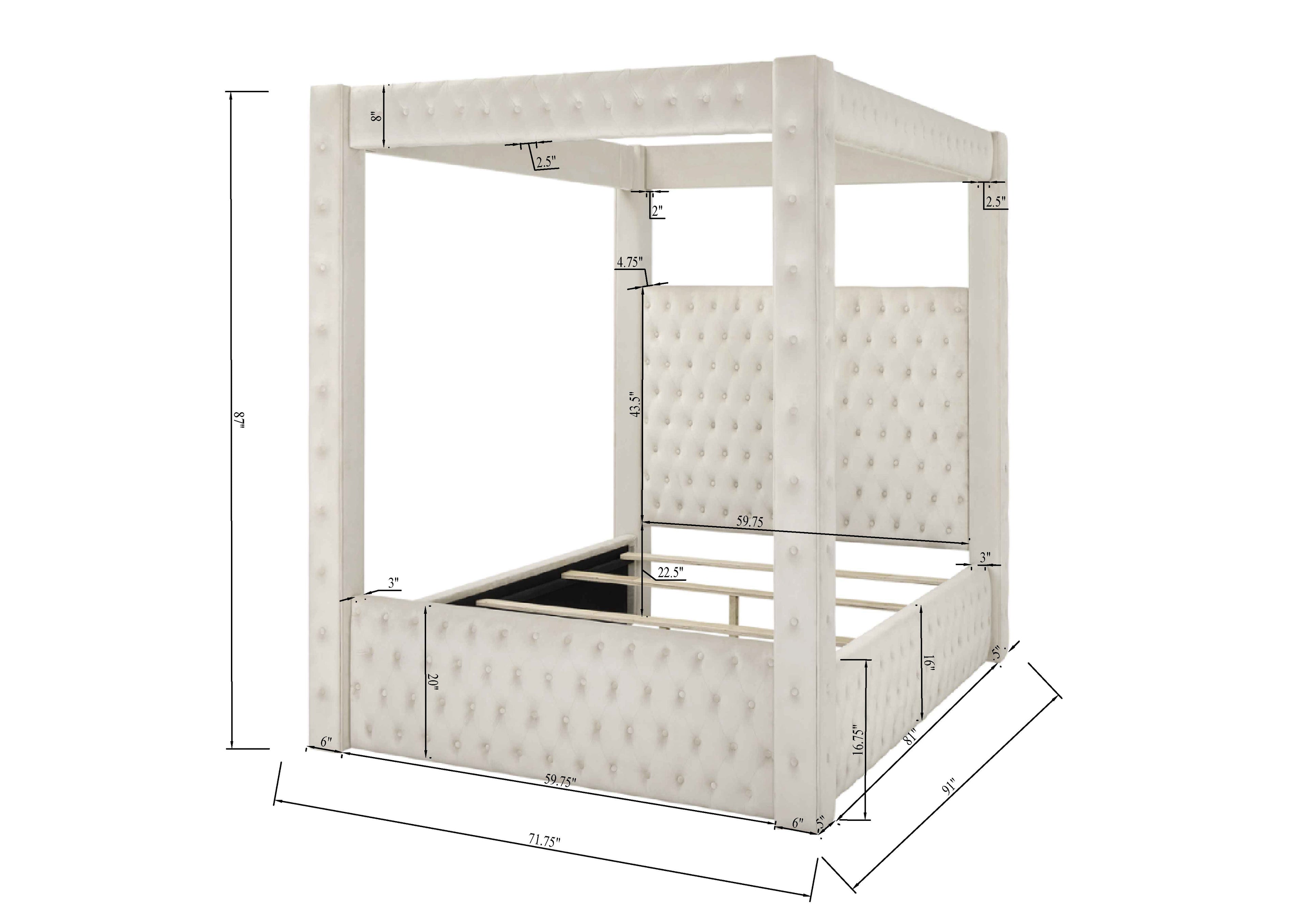 Majestic Canopy Four-poster Queen Bed Tufted Headboard and Footboard