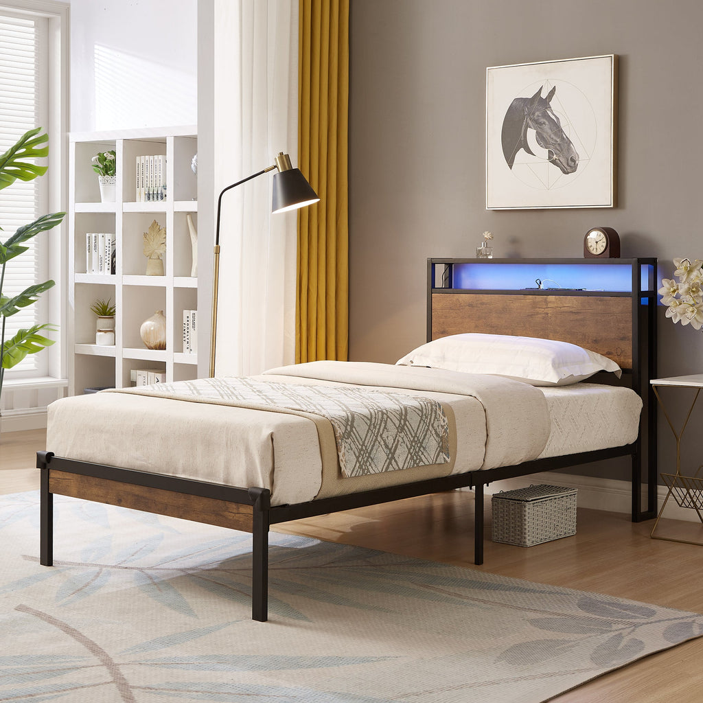 Twin Size Metal Platform Bed Frame with Wooden Headboard