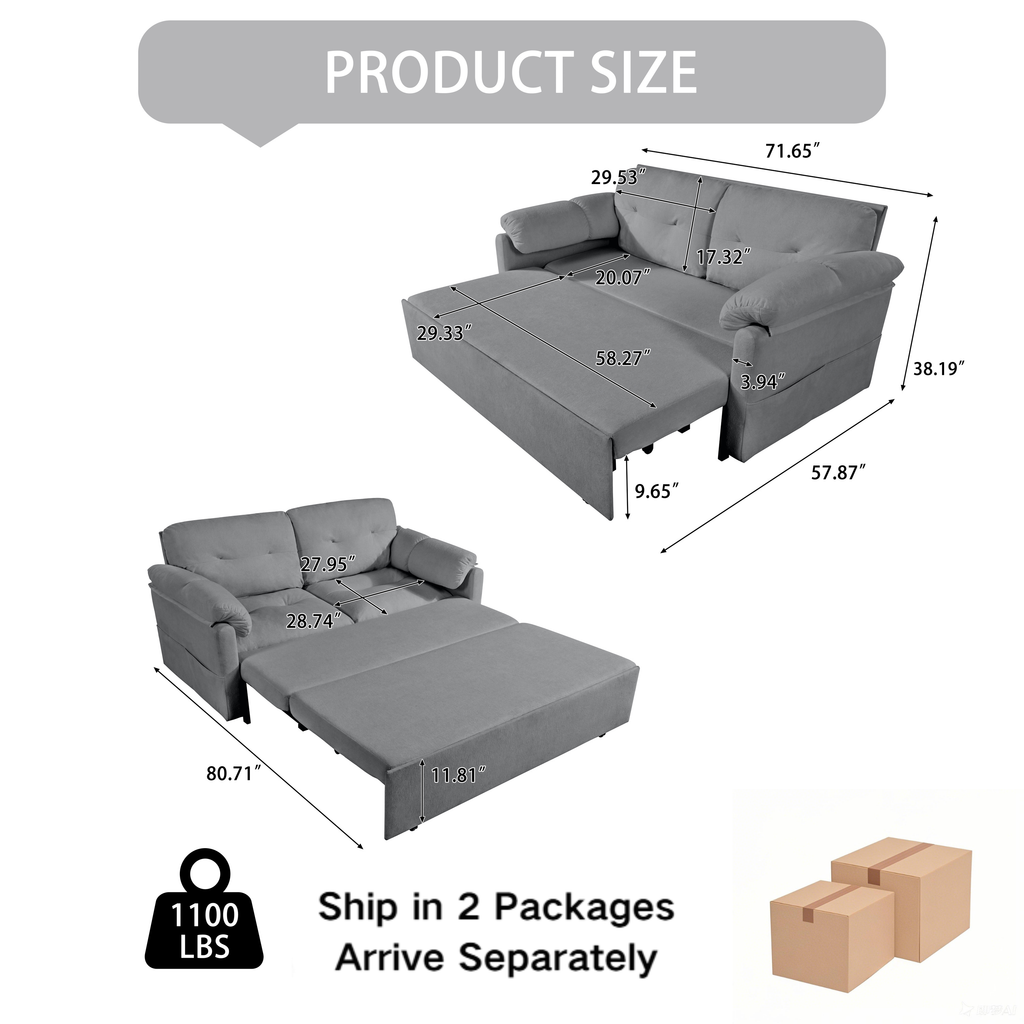 Convertible Pull-Out Queen Sleeper Sofa, 3-in-1 Design