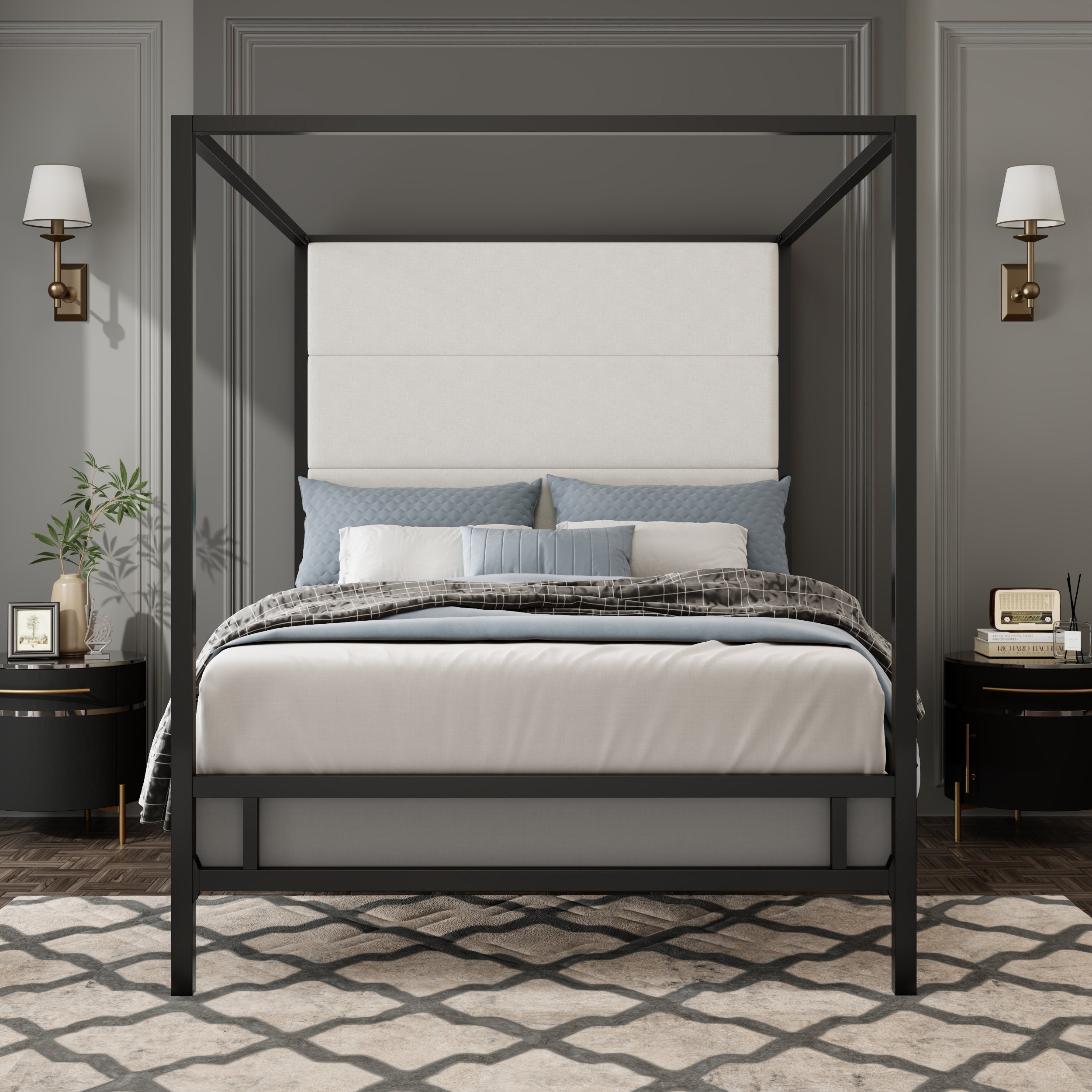 Modern Canopy Bed with Velvet Upholstered Headboard