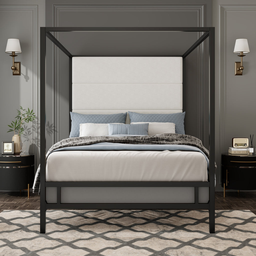 Modern Canopy Bed with Velvet Upholstered Headboard