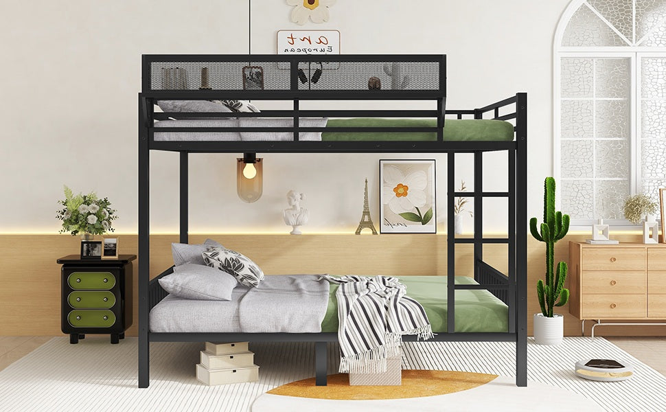 Queen Over Queen Metal Bunk Bed with Ladder and Storage Shelf