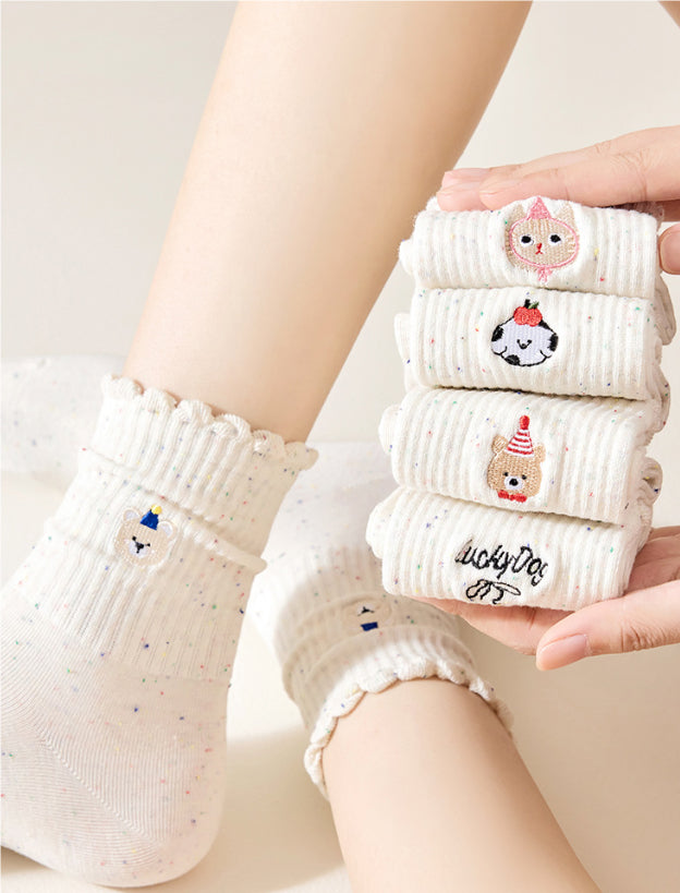 Embroidered Ruffle-ankle Socks For Women