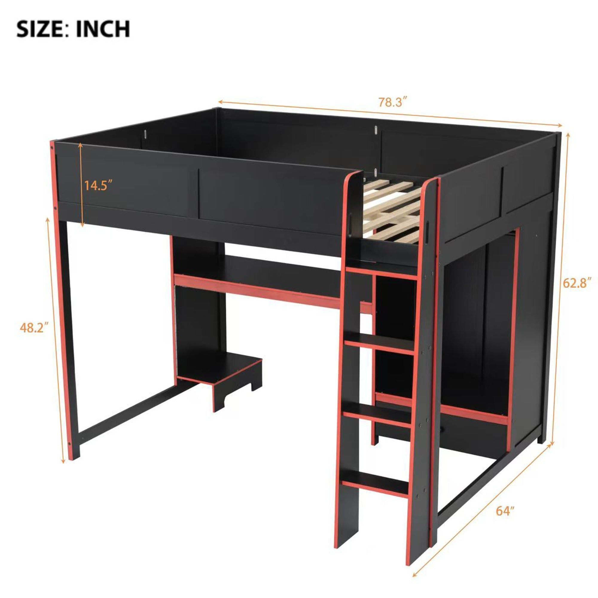 Wood Full Size Gaming Loft Bed with Built-in Desk, Wardrobe, LED and Drawer