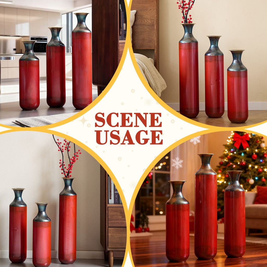 Artisanal Fire-Finished Metal Vases, Set of 3