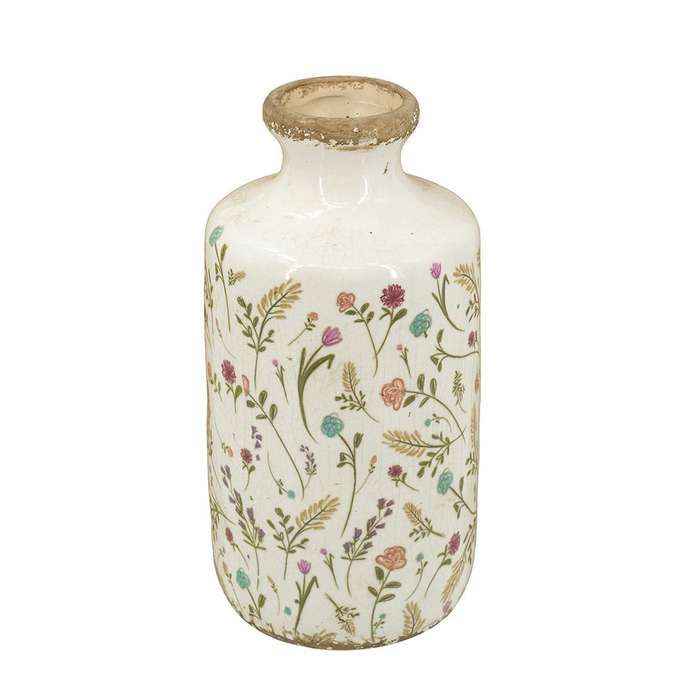 D5.3x10.6" Ceramic Cylinder Vase with Multi-Colored Floral Motifs