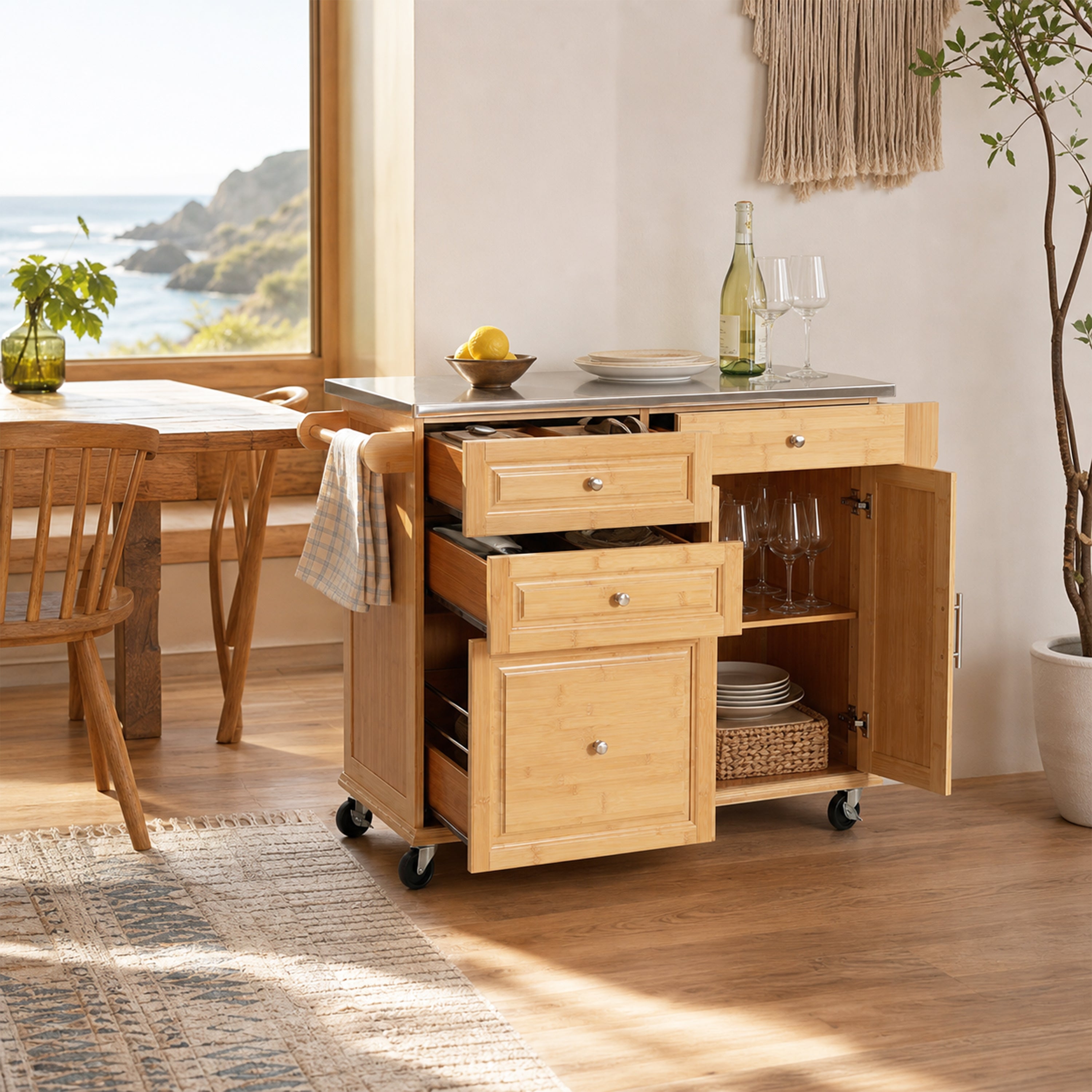 Indoor Bamboo Rolling Kitchen Island with Stainless Steel Top