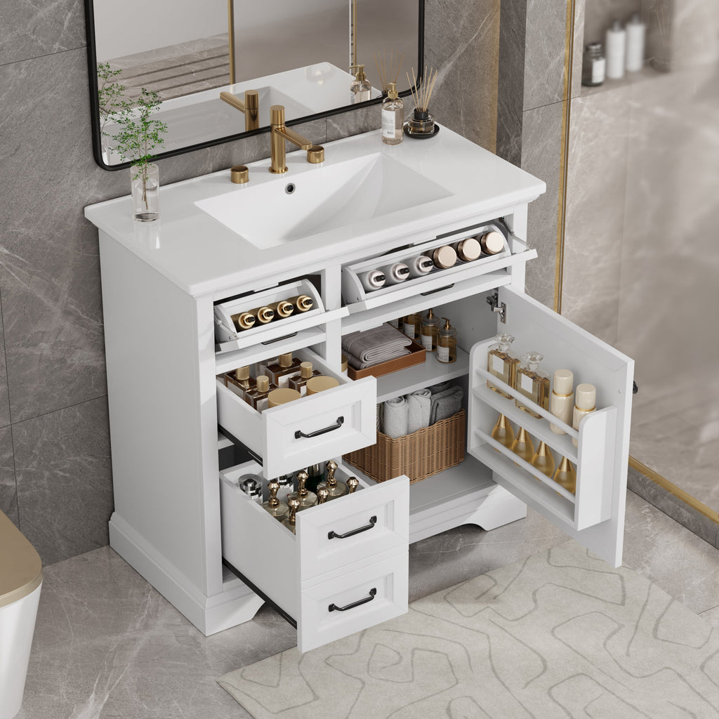 36-Inch Bathroom Vanity with Ceramic Sink Top, 4 Drawers and 1 Soft-Close Door