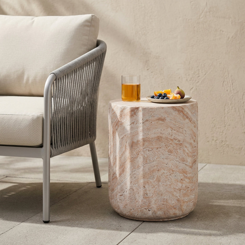 Outdoor/Indoor Lightweight Concrete Side Table - Cylinder Travertine Finish
