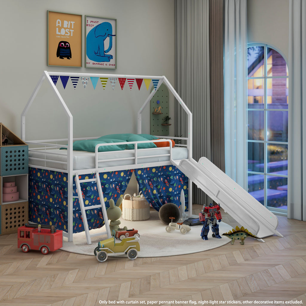 Jack Metal Junior House Twin Loft Bed with Slide and Curtain Set