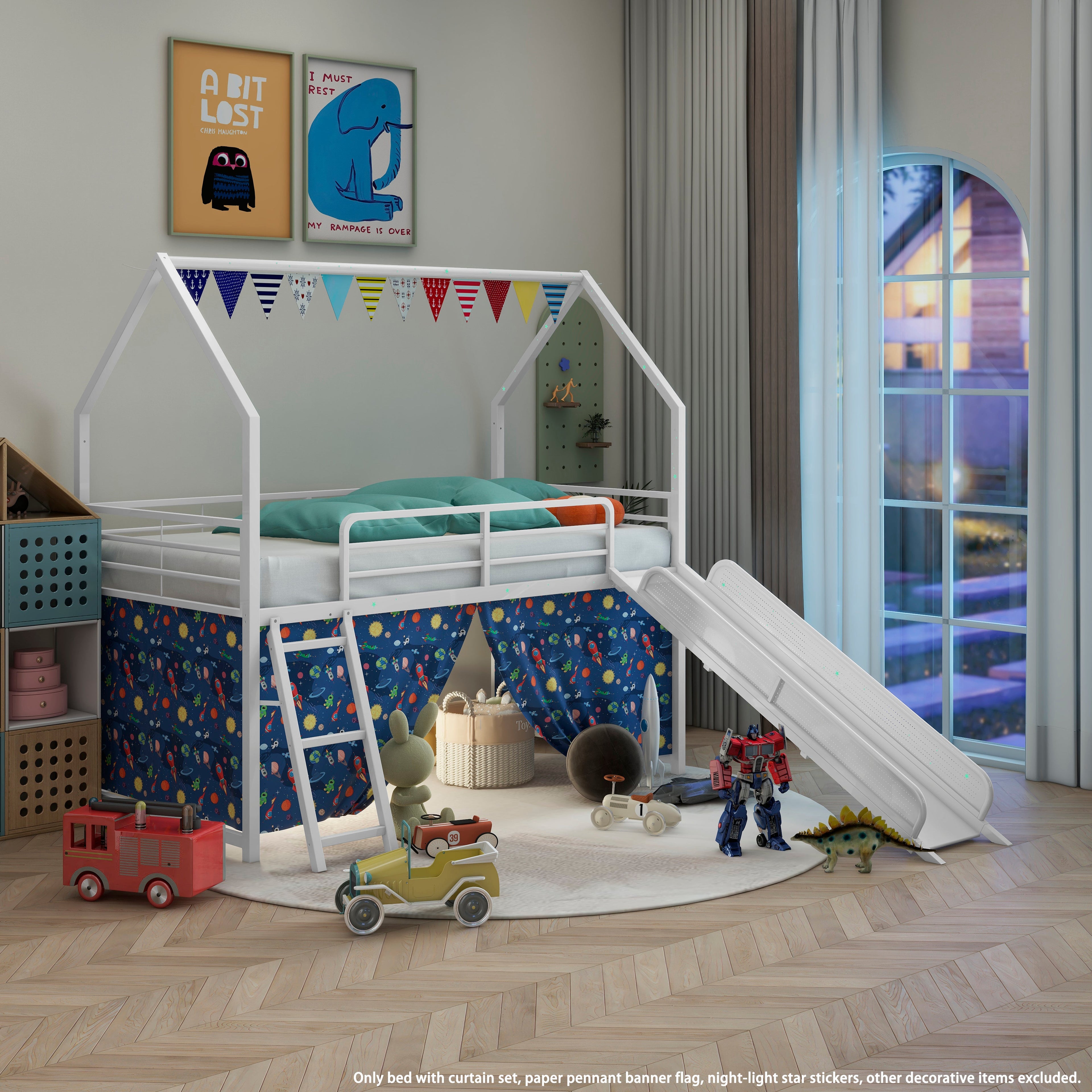 Jack Metal Junior House Twin Loft Bed with Slide and Curtain Set
