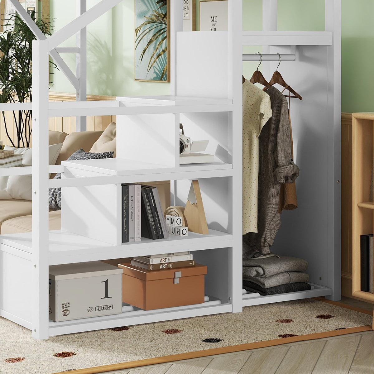 Queen Size Loft Bed with Stairs and Storage Shelves