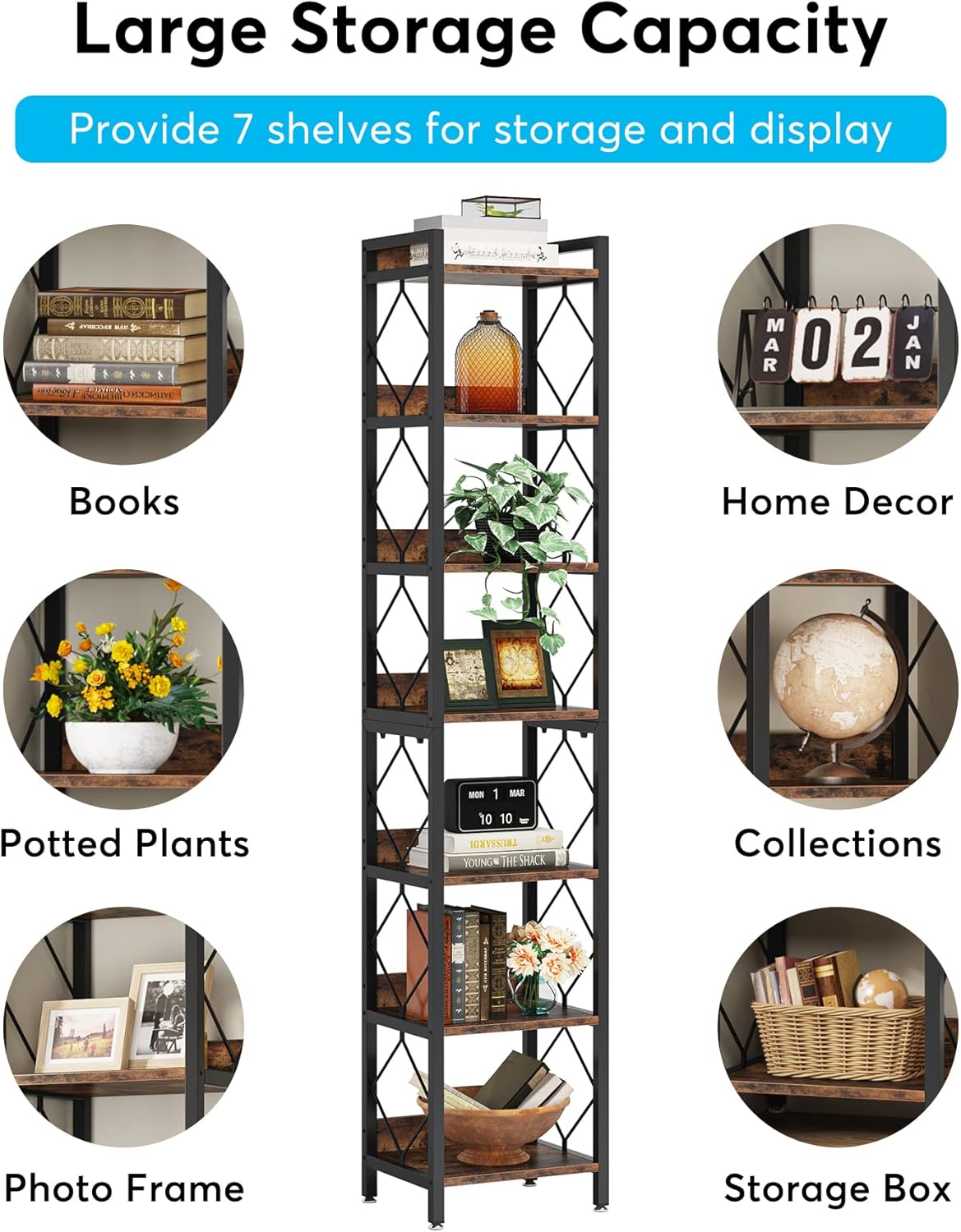78.7" Extra Tall 7-Tier Rustic Bookshelf
