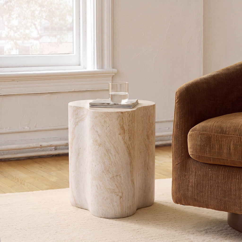 Organic Travertine-Look MGO Outdoor/Indoor Side Table